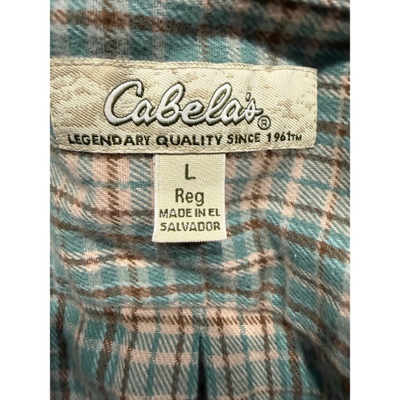 Cabelas Womens L Plaid Soft Flannel Shirt Teal Tan Brown Cotton Shirt (D34) - Picture 4 of 14